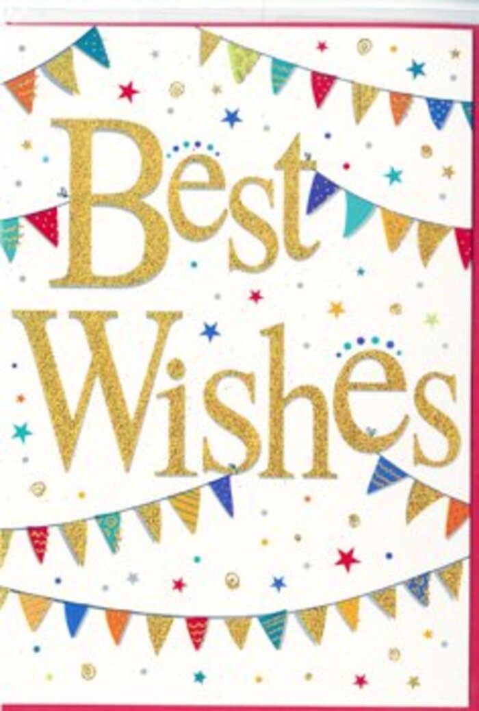 The photograph captures an elegant congratulations card laid flat against a neutral surface, its design radiating upbeat energy and gentle sophistication. Dominating the centre, the phrase Best Wishes curls across the card in generous golden script, the letters thick and confidently drawn, like the reassuring handwriting of a close friend. The foil finish catches the light so that different parts glint as you change your viewpoint, recalling the sparkle of evening lights along nearby Crayford streets after a celebration. The white background is clean and bright, almost luminous, and it serves as a calm canvas that allows every detail to stand out with clarity. Flowing above and below the message, curved garlands of bunting create a feeling of movement and festivity, much like decorations strung for a local fête at Hall Place and Gardens. Each tiny triangular pennant is carefully coloured: some in bold primary shades, others in softer jewel tones, with patterns that range from polka dots to delicate stripes and mosaic-inspired motifs. This varied detailing suggests the careful eye of a designer who enjoys small flourishes. Scattered across the remaining space are tiny five-pointed stars and round confetti dots, sprinkled in a seemingly random, joyful pattern that feels like the end of a toast when everyone tosses confetti into the air. Their colours echo the bunting, tying the whole scene together into a cohesive celebration on paper. It is the sort of card a local florist might slip into a vibrant bouquet headed to a Crayford office or family home, conveying support, luck, and shared excitement as someone steps into a hopeful new chapter.