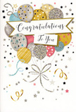 The image shows an uplifting congratulations card that captures the feeling of a Crayford celebration in a single, beautifully balanced design. A central bouquet of balloons floats upward, rounded and full, like bubbles of happiness rising above a crowd. Their colours blend harmoniously-soft metallic gold and silver, champagne beige, pale sky blue, blush pink and gentle grey-each balloon adorned with its own decorative pattern of tiny stars, delicate stripes or sparkling glitter that appears to glimmer under an imaginary spotlight. Slender metallic ribbons trail gracefully downward, curling in loose spirals that almost brush the base of the card, much like streamers left after a party near Crayford's local cafés. Across the middle of the design, a classic banner stretches from side to side, its ends slightly curled, bearing the words Congratulations To You in an elegant, flowing script that conveys warmth and genuine admiration. Surrounding the balloons, a flurry of small stars, confetti-like dots and swirling lines dances over a light, airy background, giving a sense of movement-the quiet echo of laughter and applause long after the moment of good news is shared. The surface suggests smooth, premium cardstock, with glistening elements that would feel subtly raised beneath your fingertips, inviting touch as much as admiration. This card's overall mood is bright yet refined, ideal for recognising a job well done, exam success, or any milestone in Crayford that deserves to be marked with style and affection, especially when presented alongside a thoughtfully arranged bouquet waiting at the recipient's door.